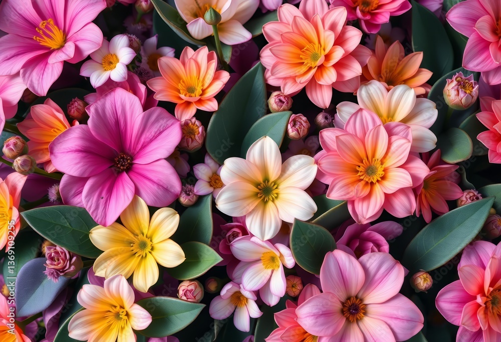 Dense blooming pastel flowers and geometric leaves in dark, colorful, moody arrangement, background, wallpaper Dense blooming pastel flowers and geometric leaves in dark, colorful, moody arrangement, background, wallpaper