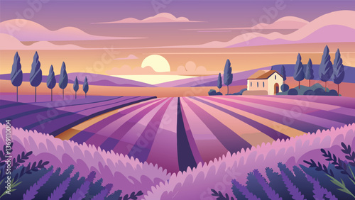 Serene Sunset over Lavender Fields and a Country House Beautiful landscape illustration at dusk