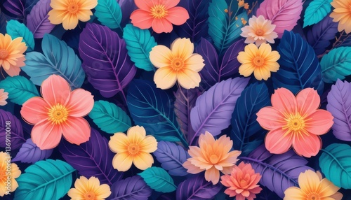 Wallpaper Mural Whimsical Floral Design Bright Purple, Turquoise Leaves & Cheerful Yellow, Coral Blooms Torontodigital.ca