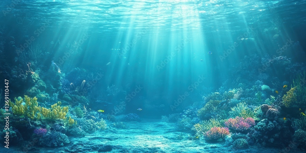 Fototapeta premium A vibrant underwater scene showcasing coral reefs and sun rays penetrating the ocean surface.