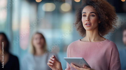 Wallpaper Mural **"Confident Woman Presenting on a Tablet: Engaged and Professional, Leading a Meeting or Presentation in a Modern Office Environment"** Torontodigital.ca