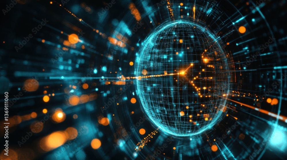 Obraz premium Futuristic Digital Globe Surrounded by Dynamic Particles and Bright Lights, Representing Advanced Technology, Connectivity, and Globalization in a Vibrant Data Universe
