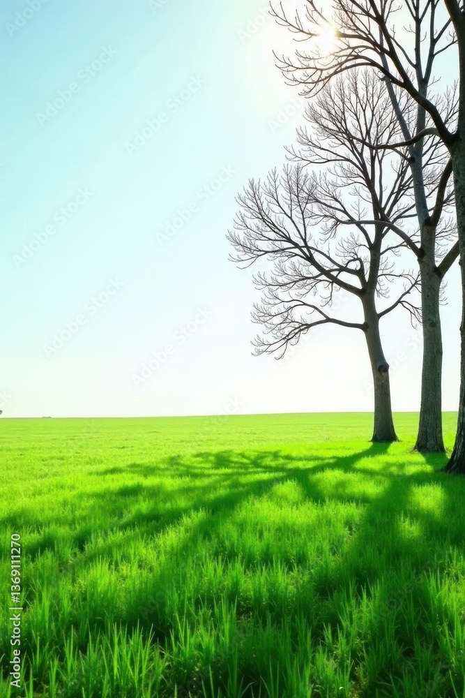 Fototapeta premium Serene Landscape Featuring Two Leafless Trees Casting Long Shadows Across a Vibrant Green Field Under a Clear Sky