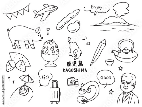 鹿児島の手描きイラストセット