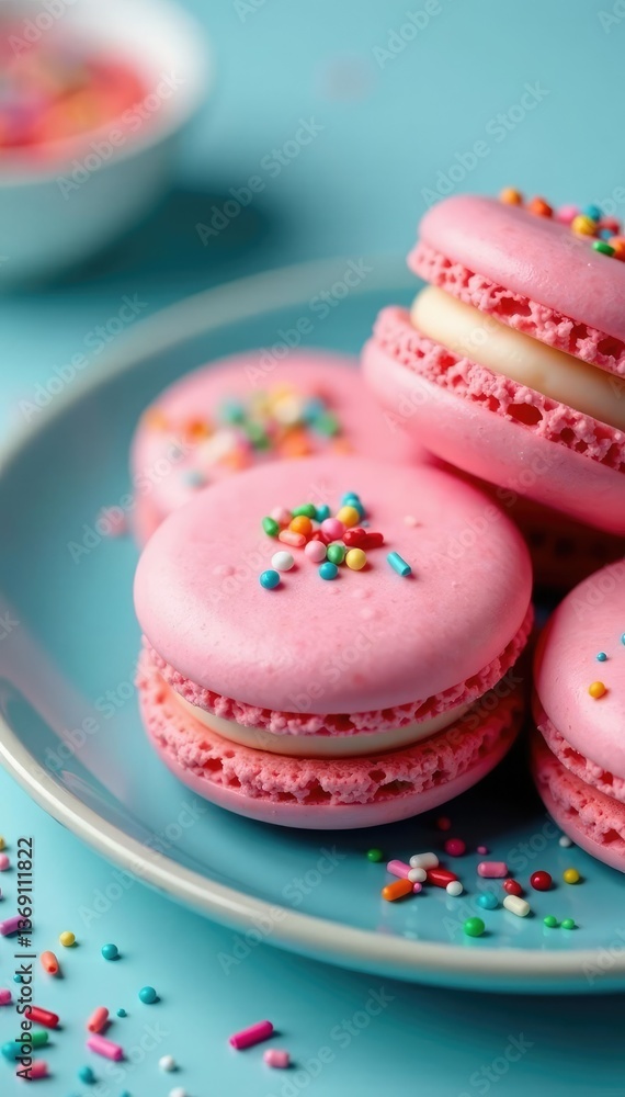 Macaroon cookies with colorful sprinkles and a blue plate, pink, dessert Macaroon cookies with colorful sprinkles and a blue plate, pink, dessert