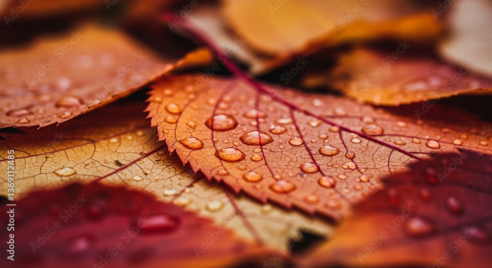 Naklejka premium Close-up of fallen autumn leaves covered in raindrops, showcasing intricate textures, rich seasonal colors, and the beauty of nature after rainfall.