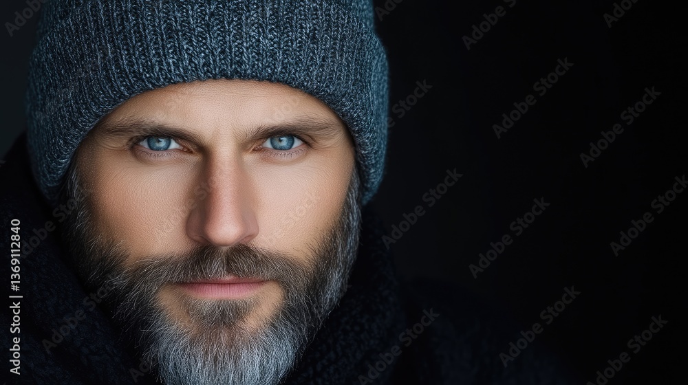 Close-up portrait of a man with a serious expression, wearing a gray beanie and a dark sweater, with a full gray beard and striking blue eyes Close-up portrait of a man with a serious expression, wearing a gray beanie and a dark sweater, with a full gray beard and striking blue eyes