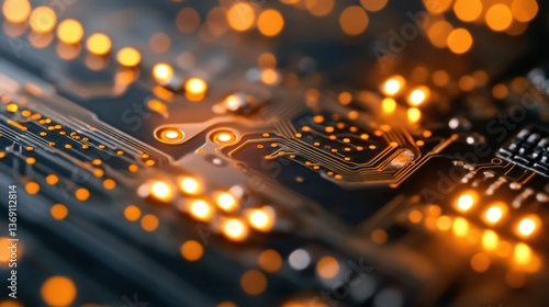 Close-up of a circuit board with glowing orange lights, high-tech feel.