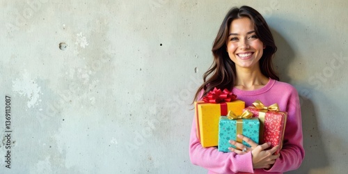 A cheerful young woman in a pink sweater embraces the joy of gift-giving, holding three festively wrapped presents against a textured backdrop.