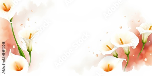 Elegant white calla lilies watercolor background Ideal for greeting cards and invitations, birthday, bloom