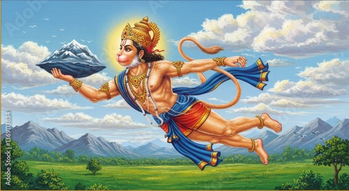 Hanuman Flying with the Dronagiri Mountain, Carrying Sanjeevani for Lakshmana in the Epic Ramayana