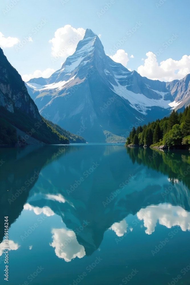 Naklejka premium majestic mountain peak reflected in calm lake, serenity, fjords