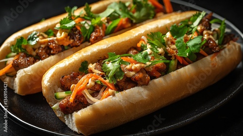 Delicious Asian style pork banh mi sandwiches served on crusty bread rolls with fresh cilantro garnish a vibrant and flavorful meal