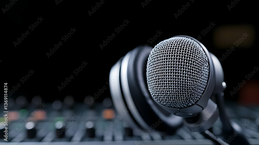 Microphone And Headphones On Audio Mixer Microphone And Headphones On Audio Mixer