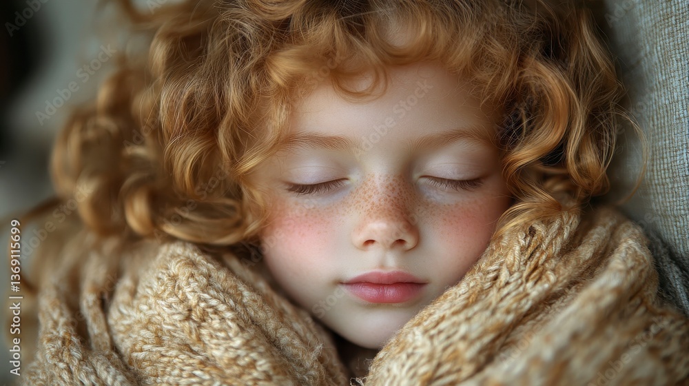 Sleeping beauty. A young, red-haired girl is nestled, resting peacefully in cozy blanket Sleeping beauty. A young, red-haired girl is nestled, resting peacefully in cozy blanket