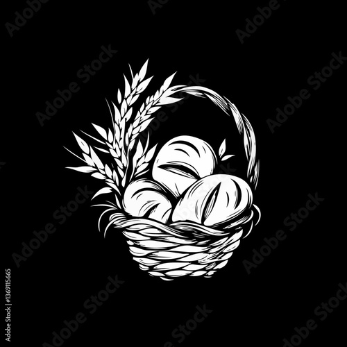 The logo of a woven bread basket with bread and wheat ears is black