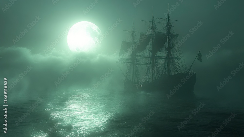 Ship sailing moonlit sea. Fog shrouds ocean and tall ship Ship sailing moonlit sea. Fog shrouds ocean and tall ship