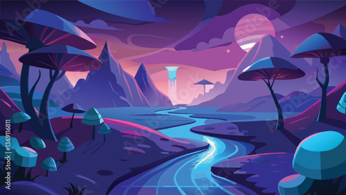 Surreal Vibrant Landscape Fantasy River Scene with Mountains and Glowing Mushrooms at Sunset