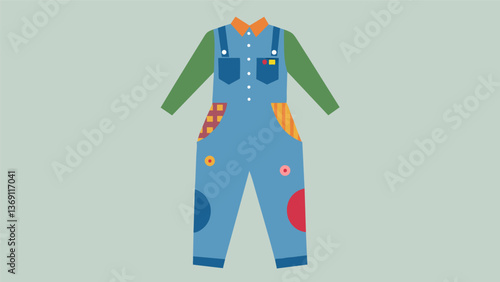 A jumpsuit crafted from old denim and adorned with patches of colorful fabric and recycled buttons proving that casual wear can also be ecofriendly. Vector illustration