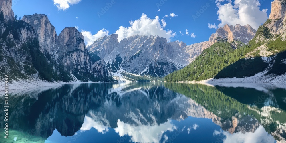 Naklejka premium Serene mountain lake reflecting majestic peaks and clouds under a bright blue sky.