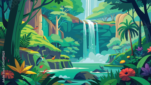 Lush Tropical Rainforest Waterfall Scene Vibrant Green Foliage Birds and Cascading Water