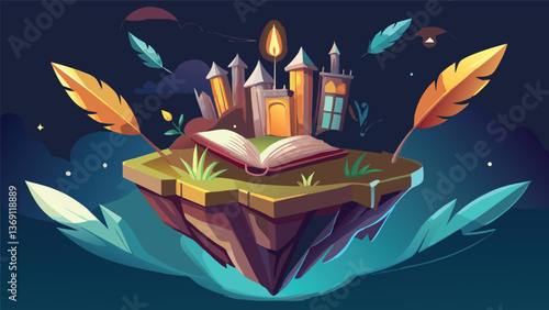 Enchanting Floating Island Book Castle Illustration Fantasy Story Night Scene