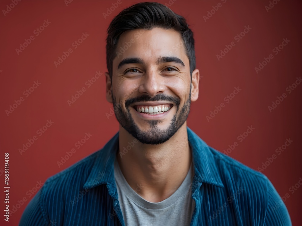 Cheerful American man laughing over maroon background. Ai Generative. Cheerful American man laughing over maroon background. Ai Generative.