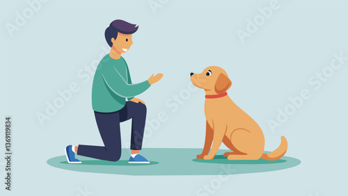 A patient puppy sits calmly as its owner practices the stand command perfecting its stance for future dog shows.. Vector illustration