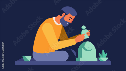 A man meticulously carving a piece of soapstone into a small figurine finding peace and calm in the intricate and meditative process of sculpting in. Vector illustration