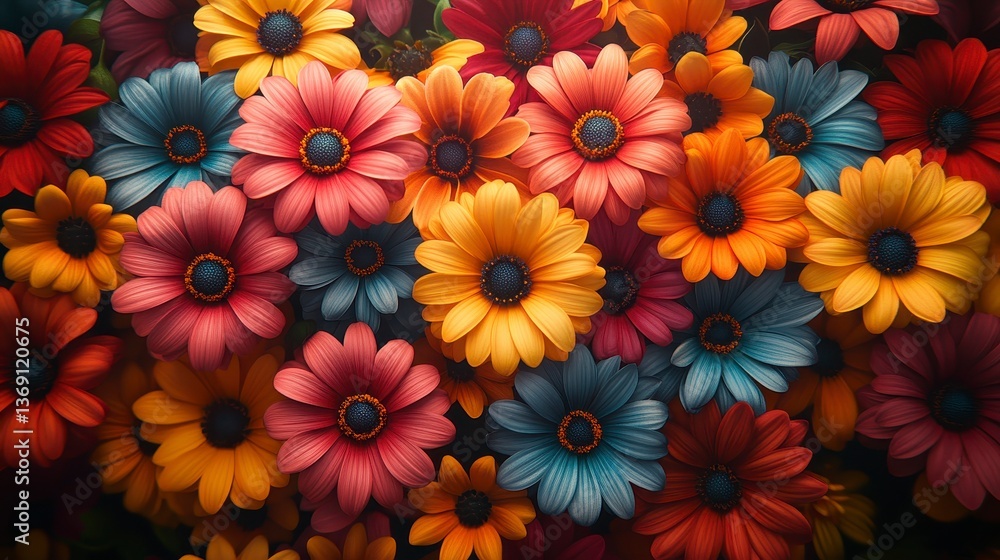 Colorful daisy blossoms in warm & cool tones, bloom densely together Colorful daisy blossoms in warm & cool tones, bloom densely together