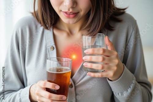 Young Asian Woman Experiencing Heartburn While Holding Glass of Water and Beer, Illustrating the Impact of Alcohol on Digestive Health