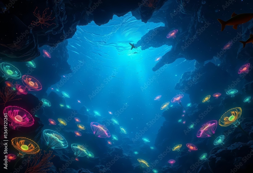 Fototapeta premium Ethereal bioluminescent flora and fauna populate a vast, empty, otherworldly ocean abyss, aquatic, texture