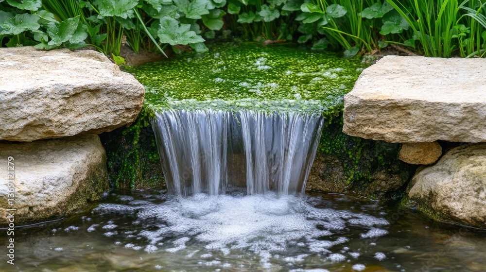 Serene waterfall cascading over moss-covered rocks in a tranquil garden setting. Perfect for relaxation and nature themes. Serene waterfall cascading over moss-covered rocks in a tranquil garden setting. Perfect for relaxation and nature themes.