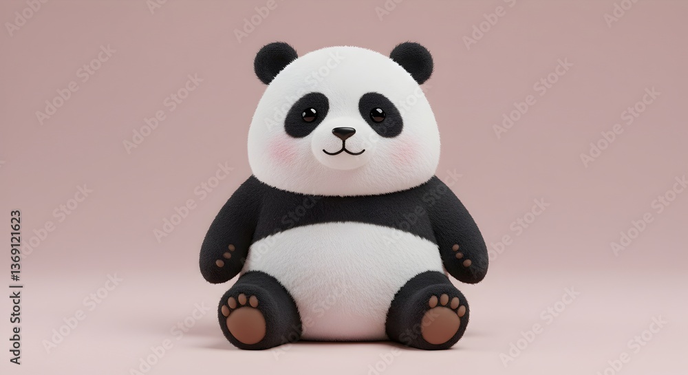 Adorable plush panda toy sitting serenely against a soft pink background evokes childlike joy. Adorable plush panda toy sitting serenely against a soft pink background evokes childlike joy.