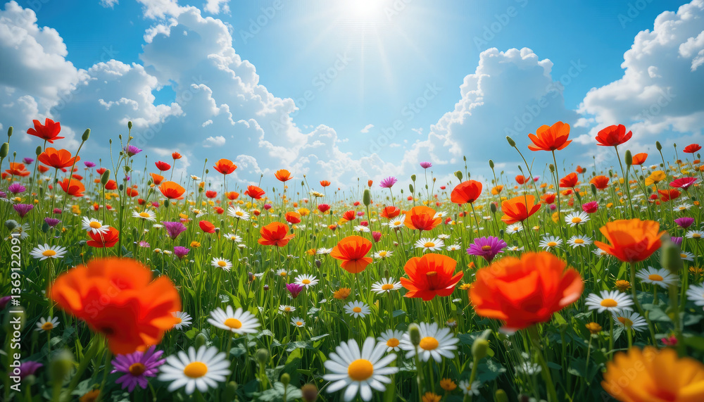 Fototapeta premium Vibrant Spring Flower Meadow Illustration with Blooming Wildflowers with Blue Sky.