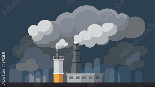 A towering plant belching plumes of grey smoke into the sky fueled by the burning of steam coal.. Vector illustration