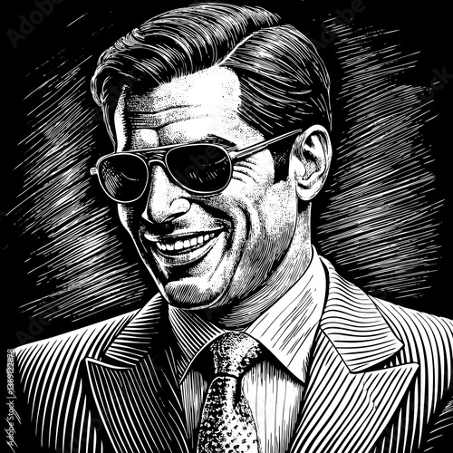 A confident mafioso in a suit and sunglasses, in a vintage sketch style with an engraved look. Black and white vector illustration.