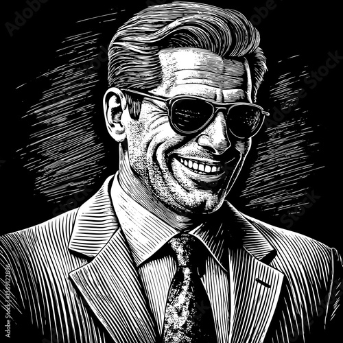 A confident mafioso in a suit and sunglasses, in a vintage sketch style with an engraved look. Black and white vector illustration.