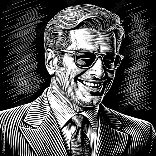 A confident mafioso in a suit and sunglasses, in a vintage sketch style with an engraved look. Black and white vector illustration.