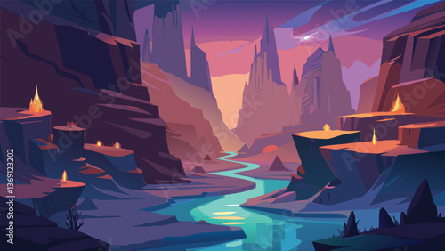 Serene Fantasy Landscape Magical River Winding Through a Mystical Canyon at Sunset