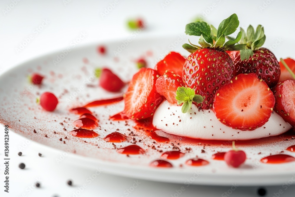 Delicious dessert topped with fresh strawberries and raspberry sauce served on a white plate Delicious dessert topped with fresh strawberries and raspberry sauce served on a white plate