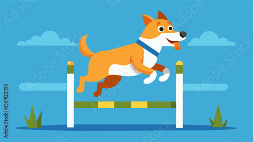 A puppy excitedly jumps over a hurdle as its owner teaches it the jump command during a lively training session.. Vector illustration