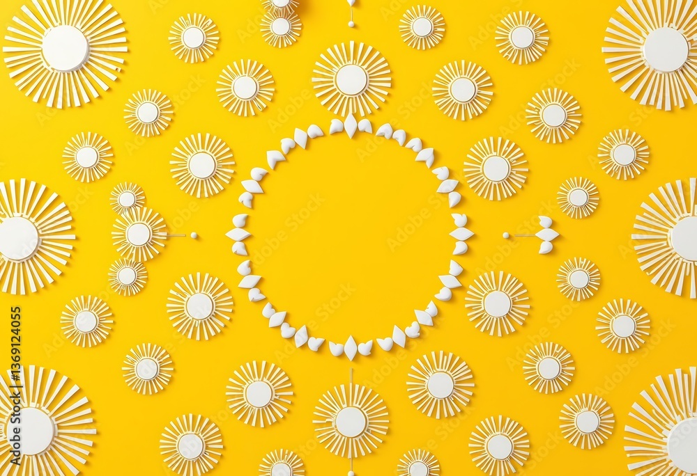 Abstract white sun geometric circle repeat pattern on yellow background , art, backdrop Abstract white sun geometric circle repeat pattern on yellow background , art, backdrop