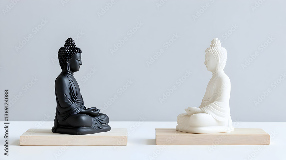 Two Black And White Buddha Statues On Wooden Platforms Two Black And White Buddha Statues On Wooden Platforms
