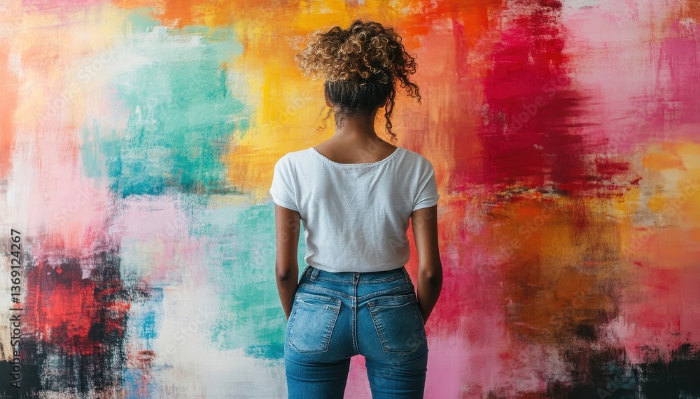 Obraz premium Woman standing in front of colorful abstract mural in urban art gallery during daylight hours