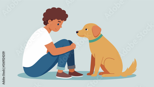 A therapy dog patiently sits by the side of a troubled teen offering unconditional love and support during a difficult time.. Vector illustration