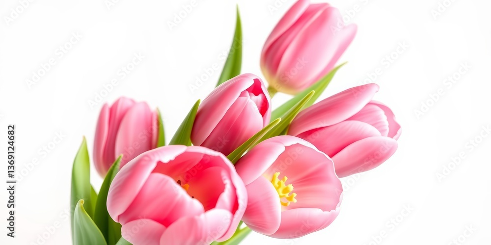Fototapeta premium Five pink tulips in a close-up bouquet against a white background, fresh, high resolution
