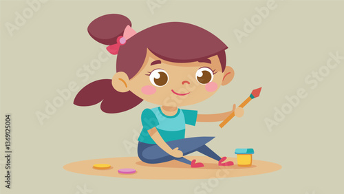 A little girl carefully holding a paintbrush with her toes determined to create a colorful masterpiece despite having no hands.. Vector illustration