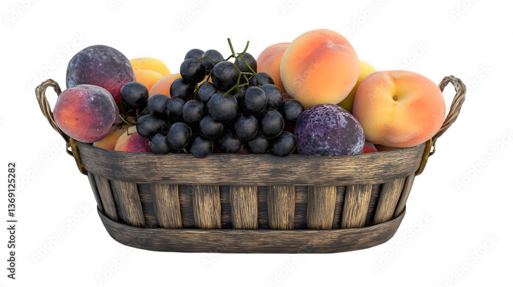 A basket brimming with fresh fruits including round juicy grapes and soft fuzzy stone fruits A basket brimming with fresh fruits including round juicy grapes and soft fuzzy stone fruits