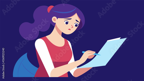 A young actress nervously scrolls through her script repeating her lines in hushed tones as she tries to memorize them before the show.. Vector illustration